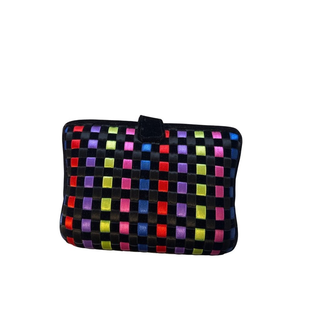 Woven Multicolor Checkered Satin Evening Clutch Purse With Snap Closure & Detach - Picture 2 of 5